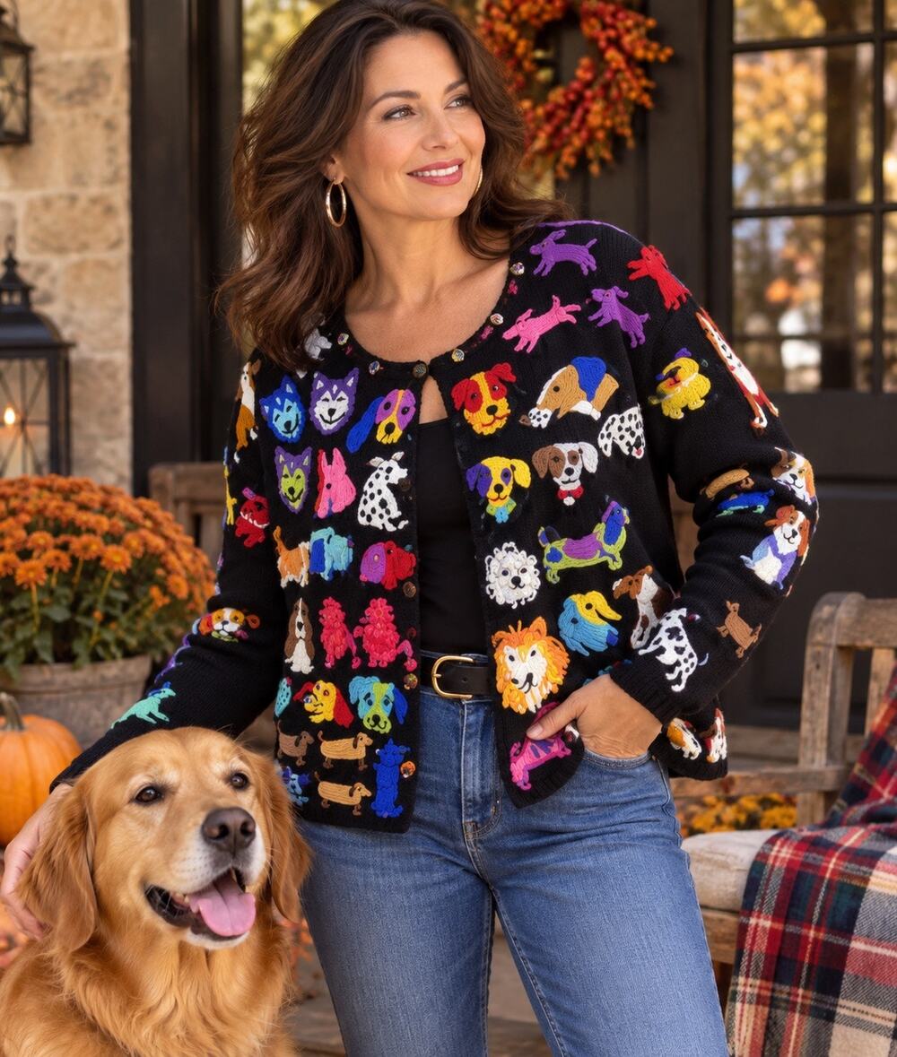 Rare 1997 Michael Simon Dog Cardigan Womens L The Nanny Embroidered Vintage